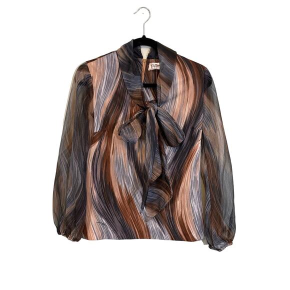 B Altman & Co Blouse 14 Vintage Abstract Tie Neck Long Sleeve Work Career Brown - Picture 1 of 9